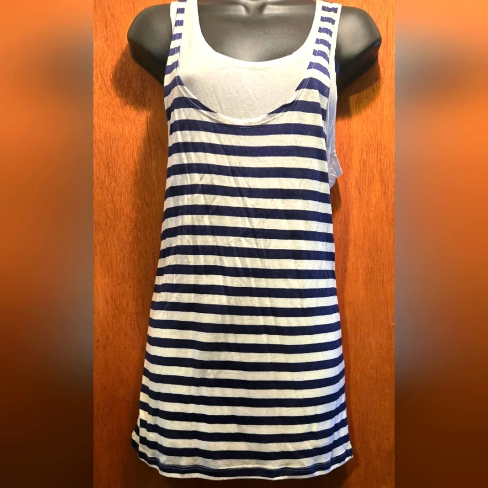 NM Clothing Co. Striped Blue & White layered long Tank Top szL - Picture 1 of 7